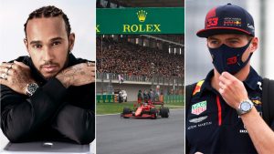 Lewis Hamilton, Max Verstappen og en Formel 1-bil.