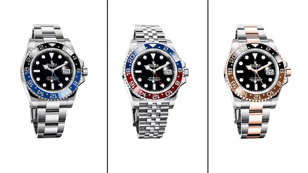 Tre Rolex-klokker med forskjellige farger.