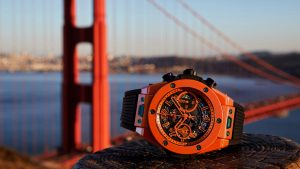 En Hublot-klokke foran Golden Gate Bridge.