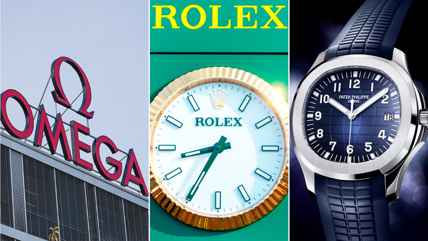 Et Omega-skilt, et Rolex-skilt med klokke og en Patek-klokke.