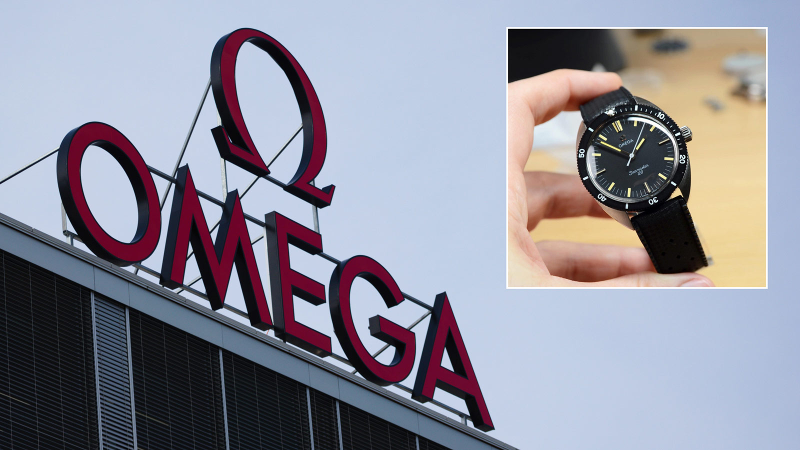 Et Omega-skilt og en Omega-klokke.