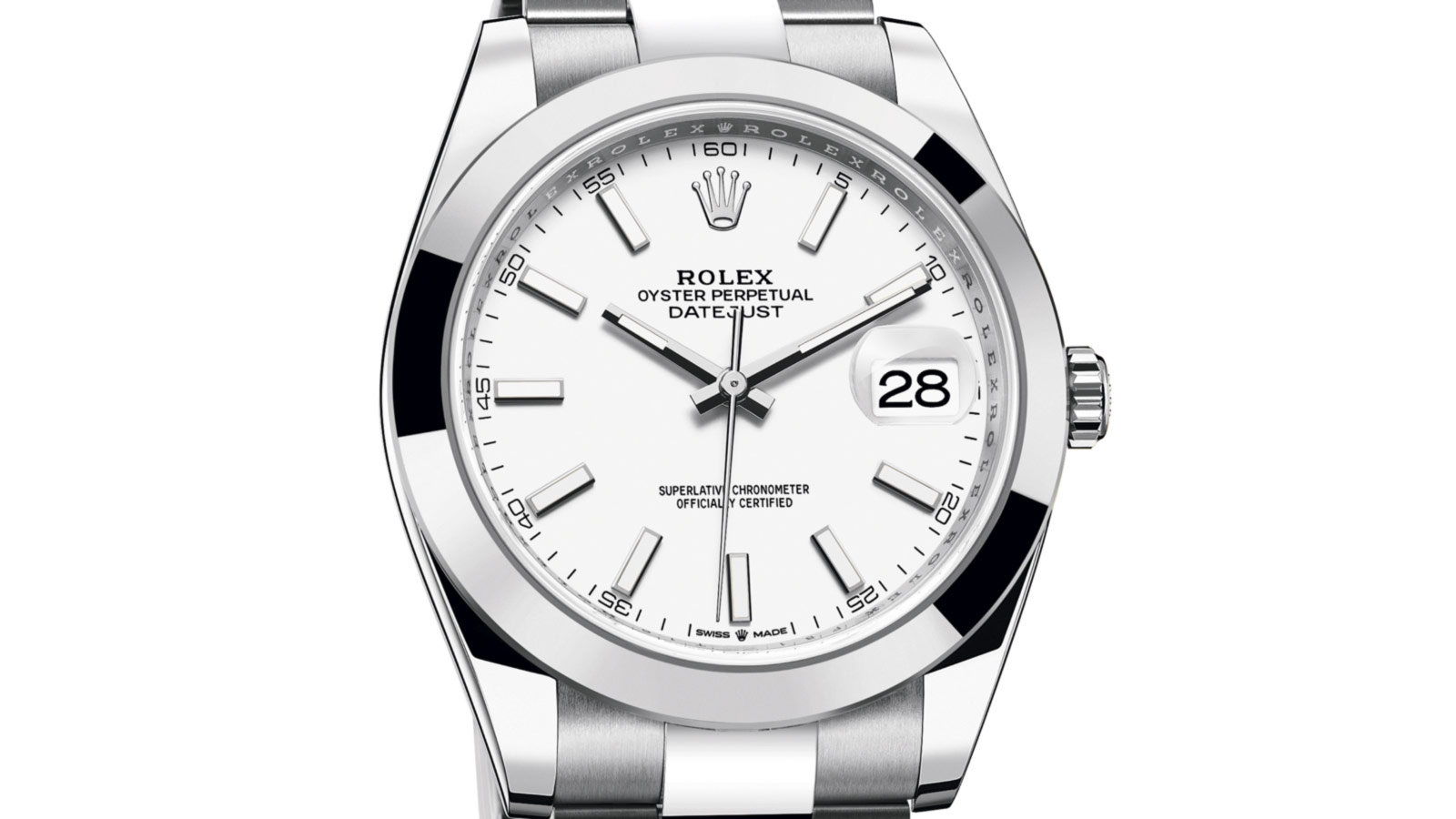 Nærbilde av Rolex-klokke med hvit skive.