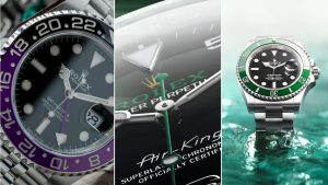 Nærbilde av tre Rolex-klokker.
